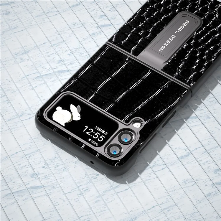 ABEEL für Samsung Galaxy Z Flip4 5G Kickstand Armor Cover Genuine Cow Leather+PC Crocodile Texture Phone Case - Schwarz