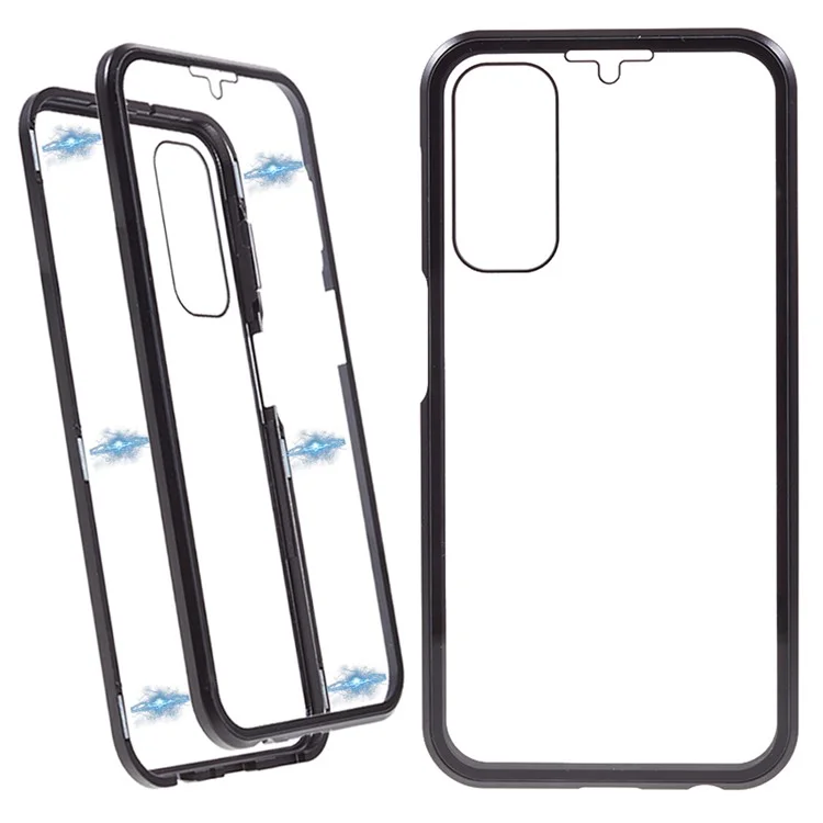 For Samsung Galaxy A24 4G (162.1 x 77.6 x 8.3mm) Clear Double-Sided Tempered Glass Case Magnetic Adsorption Metal Frame Phone Cover - Black
