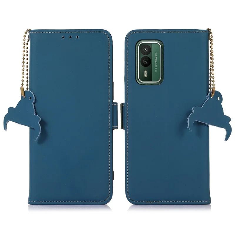 RFID-blokkering van echt koeienleer voor Nokia XR21, portemonnee-standaard beschermhoes - Blauw