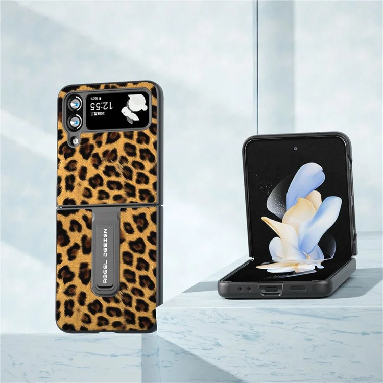 ABEEL For Samsung Galaxy Z Flip4 5G Anti-Scratch Phone Case Leopard Pattern PU Leather + PC Kickstand Cover - Champagne Gold