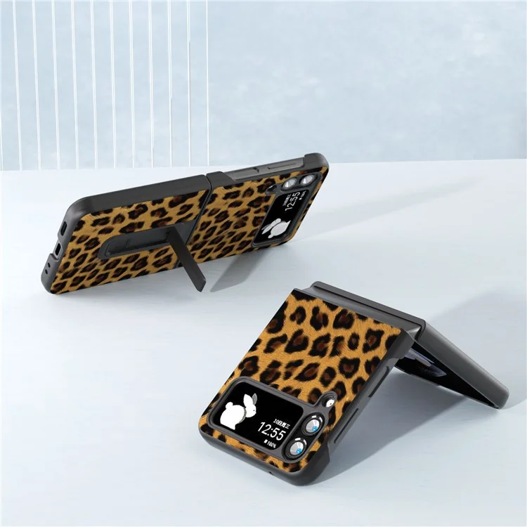 ABEEL For Samsung Galaxy Z Flip4 5G Anti-Scratch Phone Case Leopard Pattern PU Leather + PC Kickstand Cover - Champagne Gold