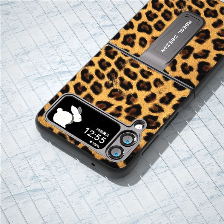 ABEEL For Samsung Galaxy Z Flip4 5G Anti-Scratch Phone Case Leopard Pattern PU Leather + PC Kickstand Cover - Champagne Gold