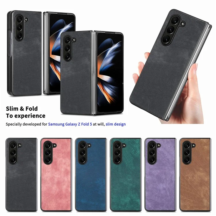 Para Samsung Galaxy Z Fold5 5G Vintage PU Leather+PC Phone Case Anti-Scratch Protective Cover - Negro