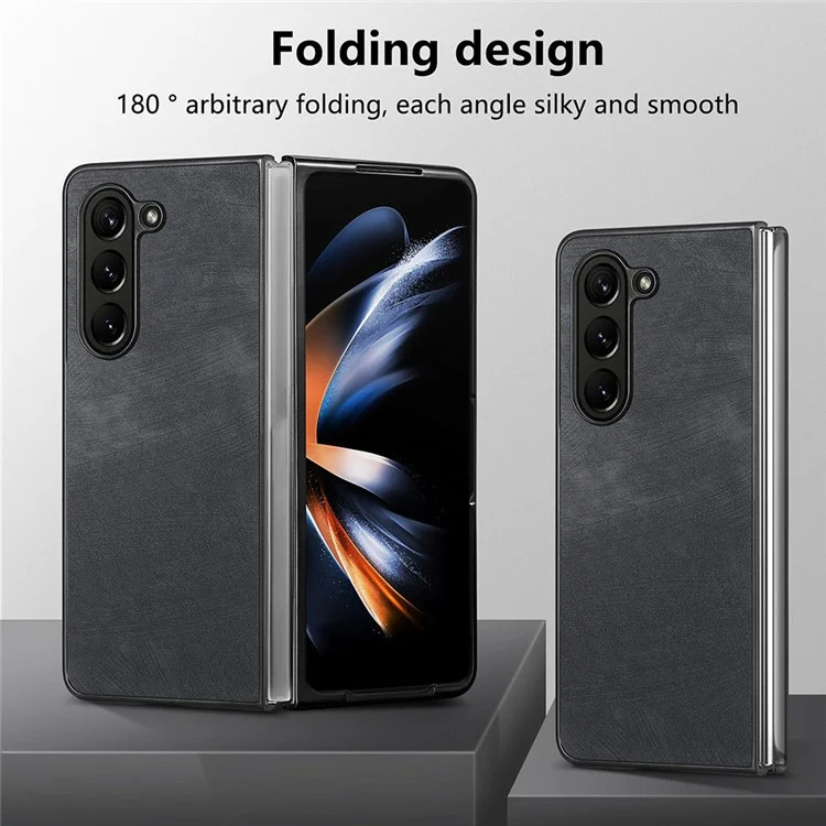 Para Samsung Galaxy Z Fold5 5G Vintage PU Leather+PC Phone Case Anti-Scratch Protective Cover - Negro