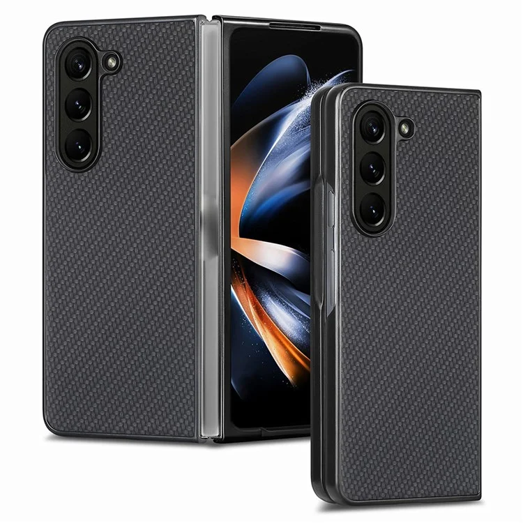 Para Samsung Galaxy Z Fold5 5G Textura de Fibra de Carbono PU Cuero+Carcasa PC Recortes Precisos Funda Teléfono - Negro