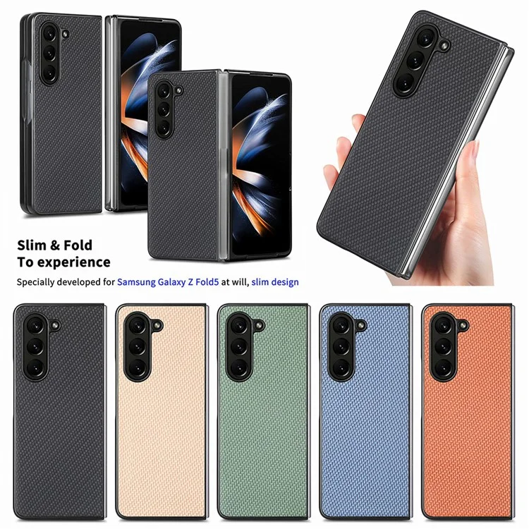 Para Samsung Galaxy Z Fold5 5G Textura de Fibra de Carbono PU Cuero+Carcasa PC Recortes Precisos Funda Teléfono - Negro