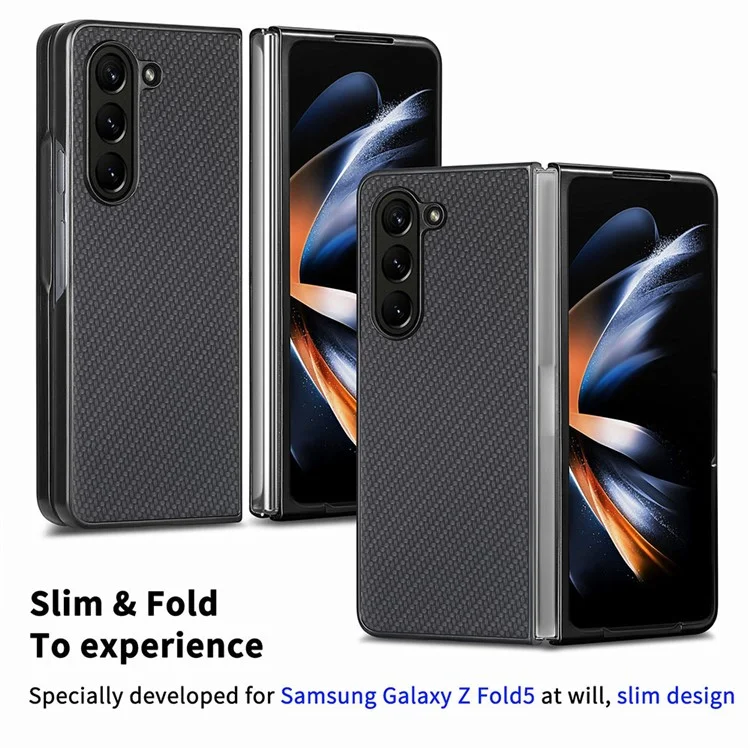 Para Samsung Galaxy Z Fold5 5G Textura de Fibra de Carbono PU Cuero+Carcasa PC Recortes Precisos Funda Teléfono - Negro