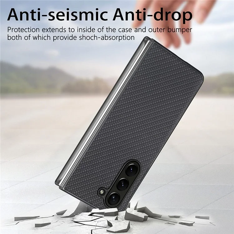 Para Samsung Galaxy Z Fold5 5G Textura de Fibra de Carbono PU Cuero+Carcasa PC Recortes Precisos Funda Teléfono - Negro