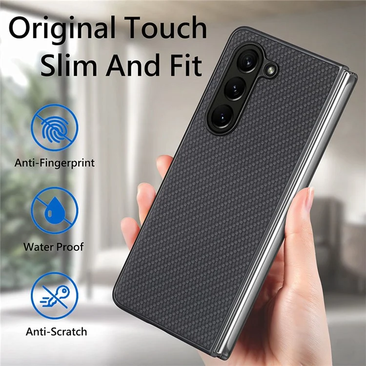 Para Samsung Galaxy Z Fold5 5G Textura de Fibra de Carbono PU Cuero+Carcasa PC Recortes Precisos Funda Teléfono - Negro