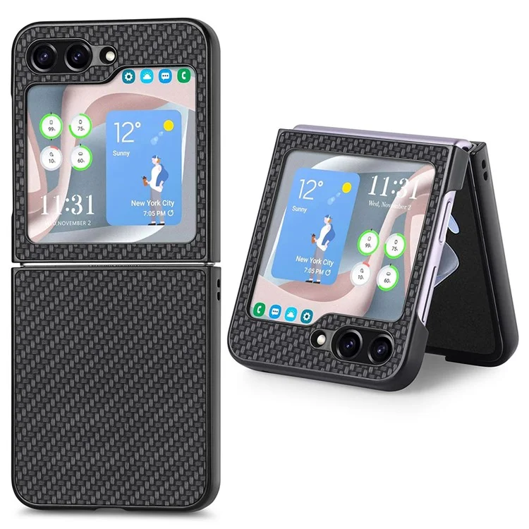 Carbon Fiber Texture PU Leather PC Cover for Samsung Galaxy Z Flip5 5G Precise Cutouts Anti-Drop Phone Case - Black