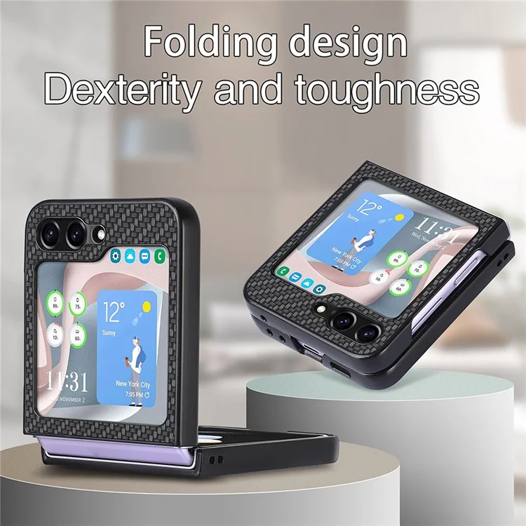 Carbon Fiber Texture PU Leather PC Cover for Samsung Galaxy Z Flip5 5G Precise Cutouts Anti-Drop Phone Case - Black
