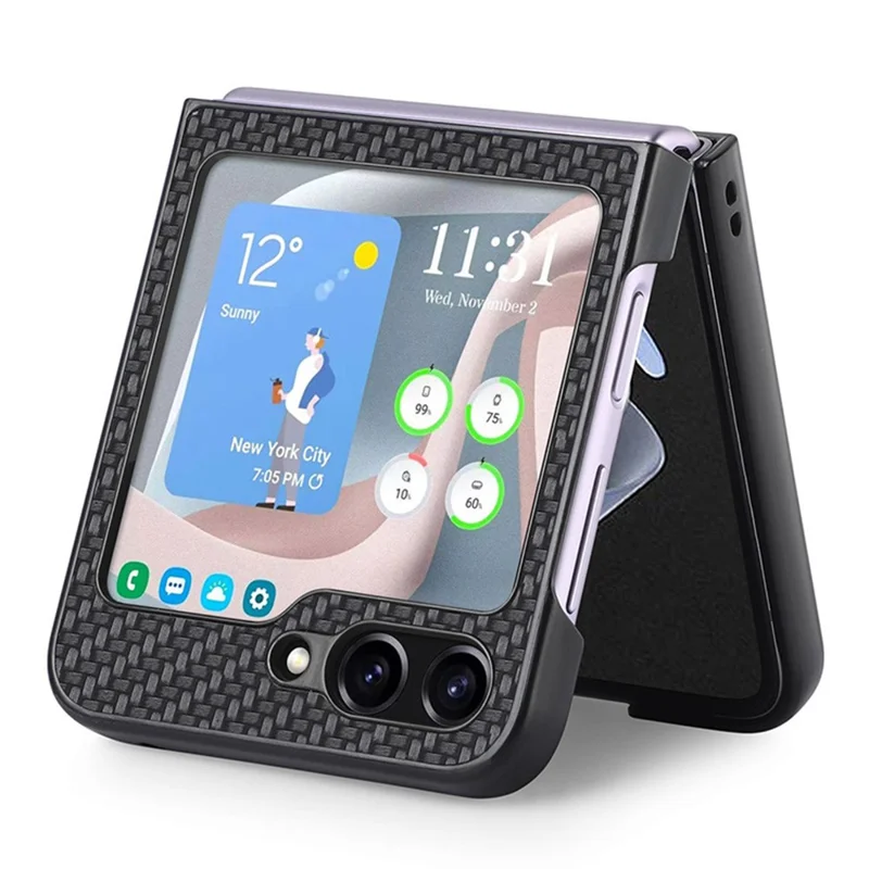 Carbon Fiber Texture PU Leather PC Cover for Samsung Galaxy Z Flip5 5G Precise Cutouts Anti-Drop Phone Case - Black