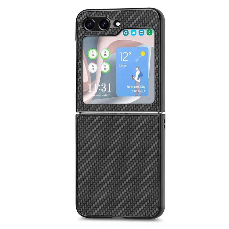 Carbon Fiber Texture PU Leather PC Cover for Samsung Galaxy Z Flip5 5G Precise Cutouts Anti-Drop Phone Case - Black