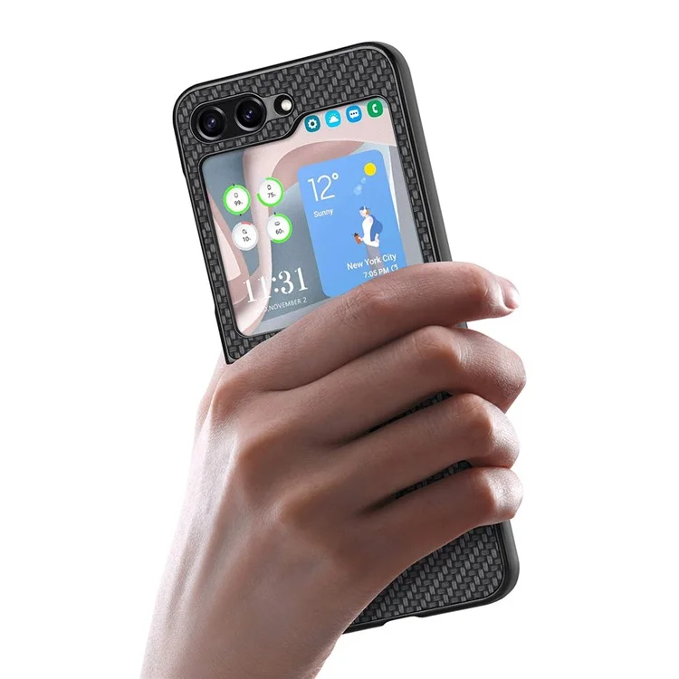 Carbon Fiber Texture PU Leather PC Cover for Samsung Galaxy Z Flip5 5G Precise Cutouts Anti-Drop Phone Case - Black