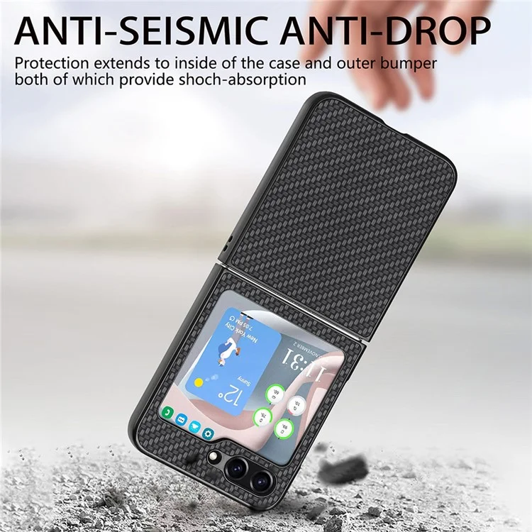 Carbon Fiber Texture PU Leather PC Cover for Samsung Galaxy Z Flip5 5G Precise Cutouts Anti-Drop Phone Case - Black