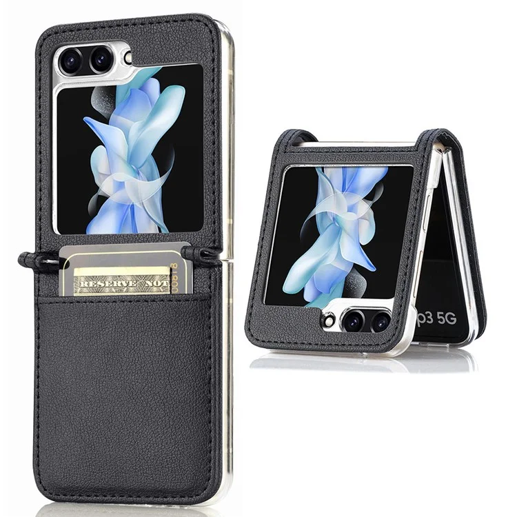 Capa Slim Protetora para Samsung Galaxy Z Flip5 5G Texture Litchi Porta-cartão de Couro PU PC - Preto