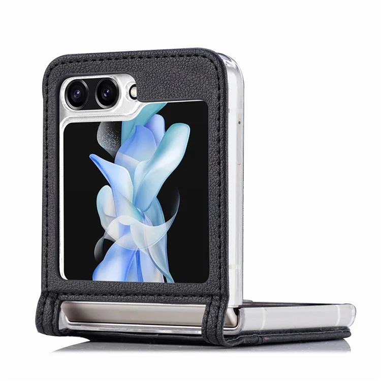 Capa Slim Protetora para Samsung Galaxy Z Flip5 5G Texture Litchi Porta-cartão de Couro PU PC - Preto