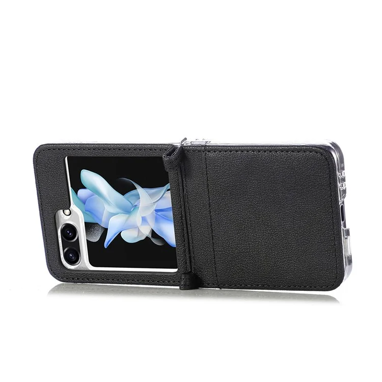 Capa Slim Protetora para Samsung Galaxy Z Flip5 5G Texture Litchi Porta-cartão de Couro PU PC - Preto