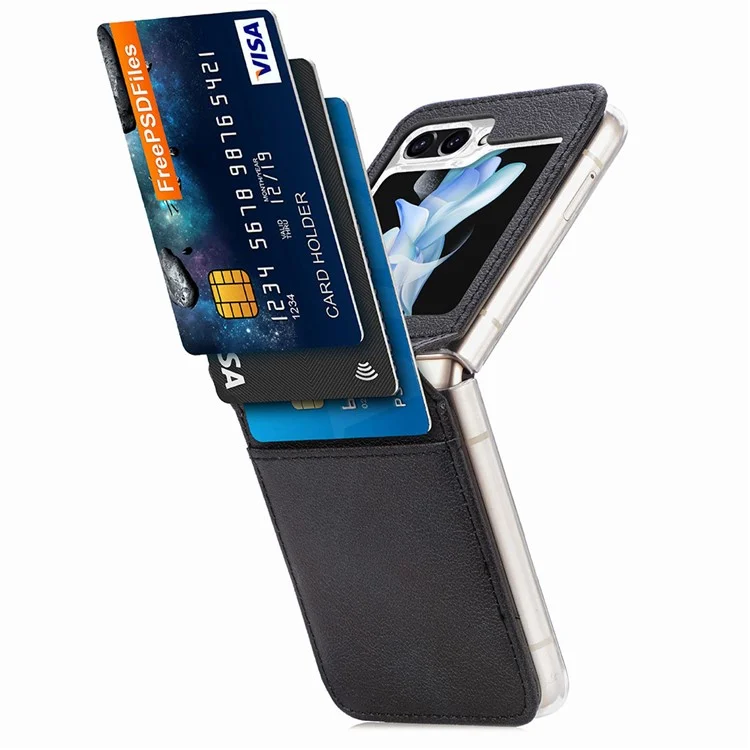 Capa Slim Protetora para Samsung Galaxy Z Flip5 5G Texture Litchi Porta-cartão de Couro PU PC - Preto