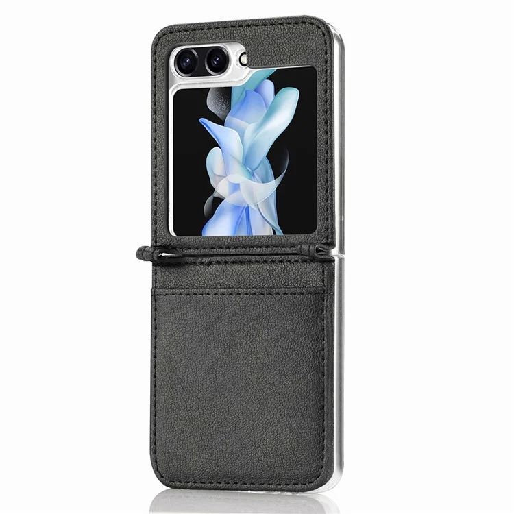 Capa Slim Protetora para Samsung Galaxy Z Flip5 5G Texture Litchi Porta-cartão de Couro PU PC - Preto
