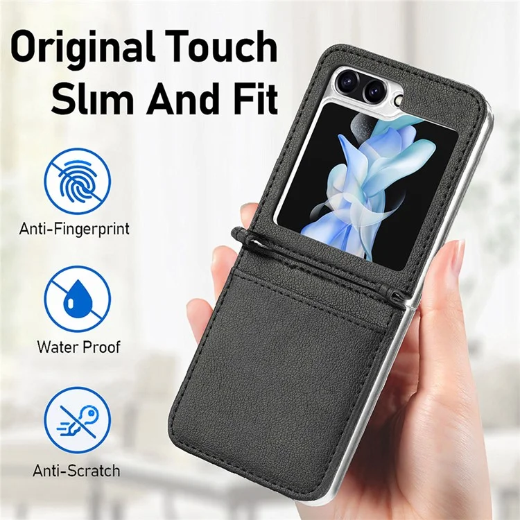 Capa Slim Protetora para Samsung Galaxy Z Flip5 5G Texture Litchi Porta-cartão de Couro PU PC - Preto