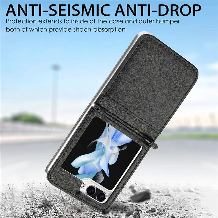 Capa Slim Protetora para Samsung Galaxy Z Flip5 5G Texture Litchi Porta-cartão de Couro PU PC - Preto