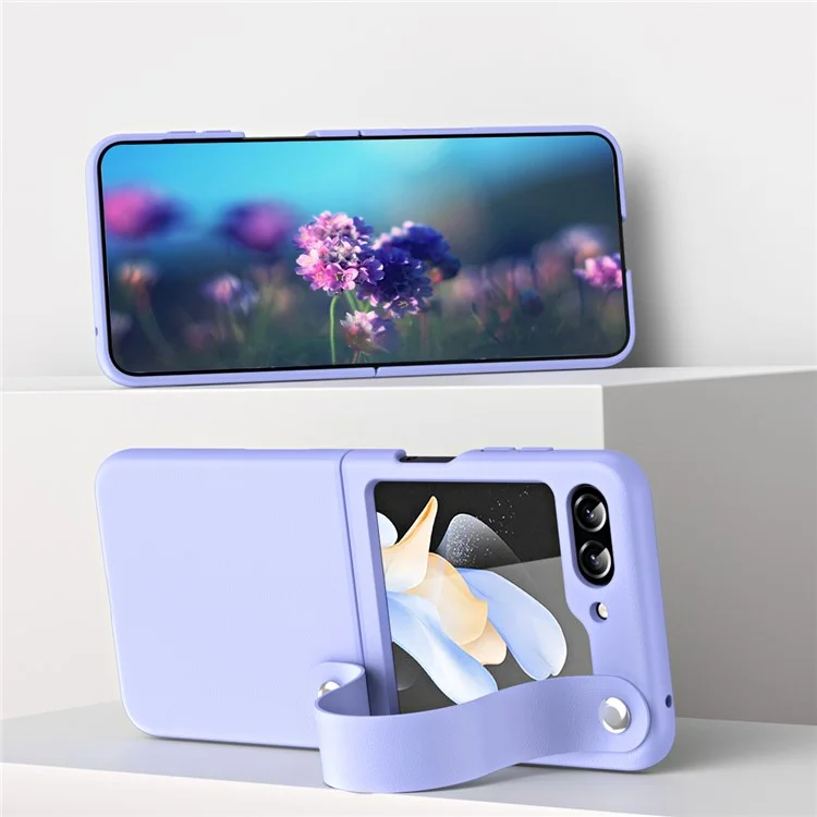 Slim Case for Samsung Galaxy Z Flip5 5G Protective PU Leather PC Phone Cover with Finger Strap - Purple