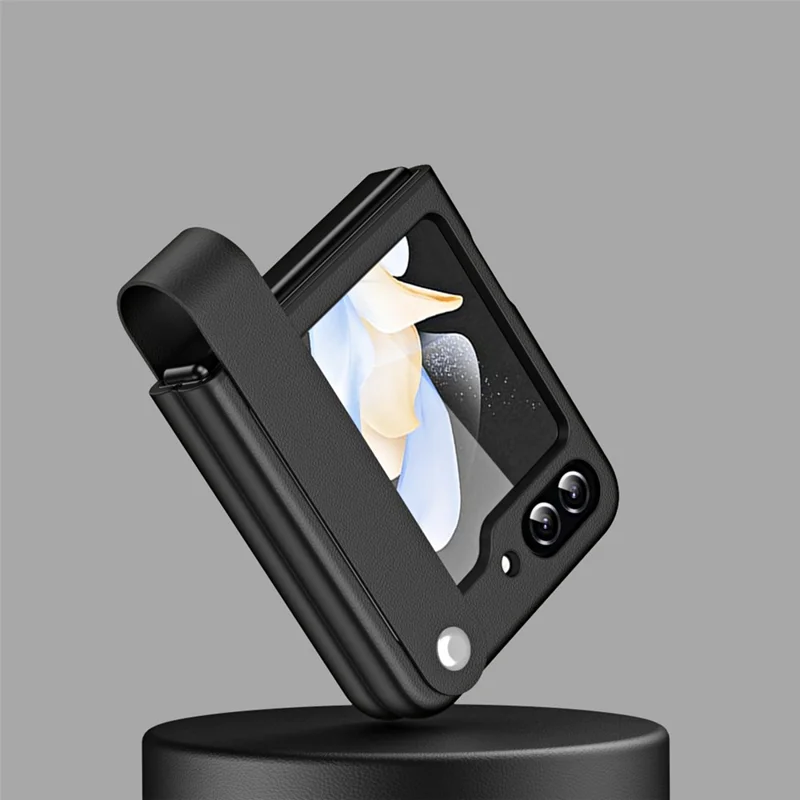 Slim Case for Samsung Galaxy Z Flip5 5G Protective PU Leather PC Phone Cover with Finger Strap - Black