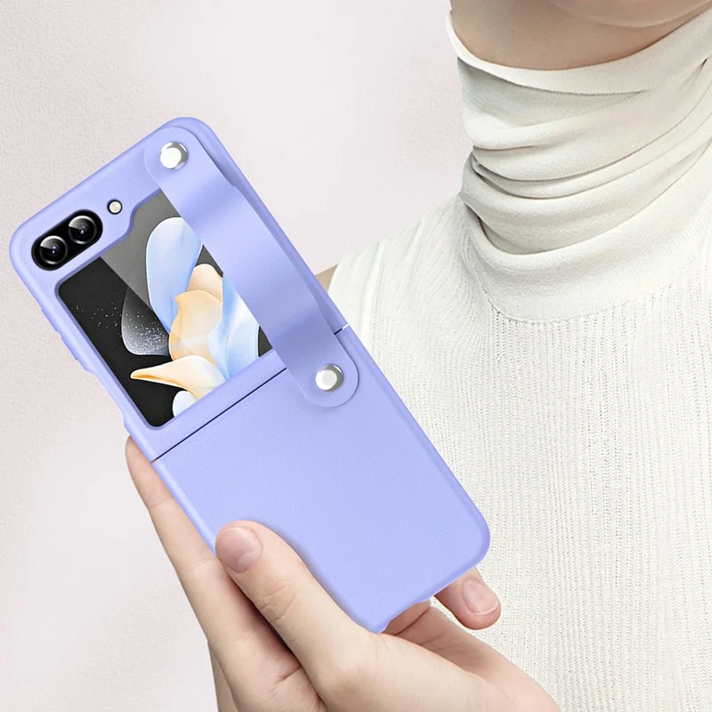 Slim Case for Samsung Galaxy Z Flip5 5G Protective PU Leather PC Phone Cover with Finger Strap - Black