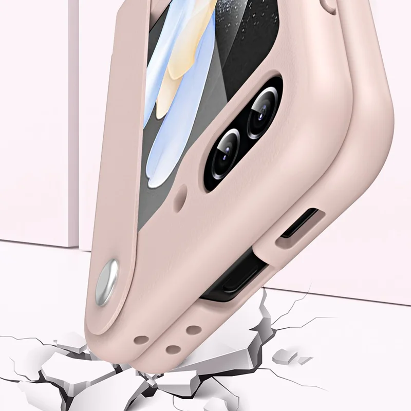 Slim Case for Samsung Galaxy Z Flip5 5G Protective PU Leather PC Phone Cover with Finger Strap - Black