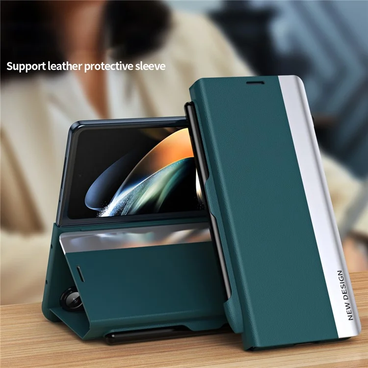 Para Samsung Galaxy Z Fold5 5G Funda a prueba de golpes de piel sintética + PC Cubierta del teléfono con Lápiz - Verde