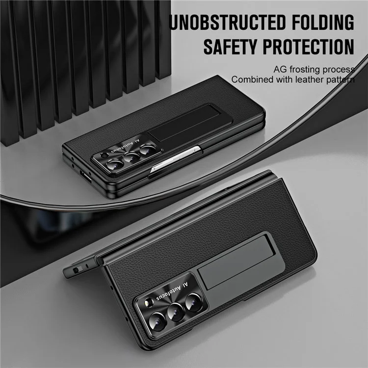 For Samsung Galaxy Z Fold5 5G Litchi Texture Leather PC Case Shockproof Kickstand Phone Cover - Black