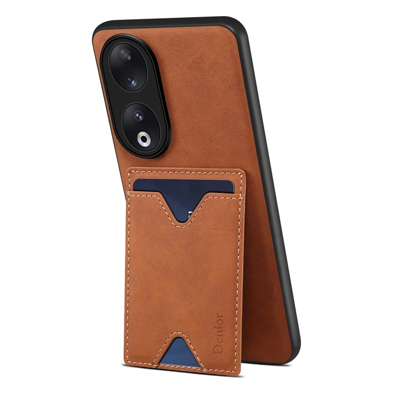 DENIOR PU Leather Coated TPU Cover для Honor 90 Kickstand Card Holder Anti-drop Phone Case - Brown