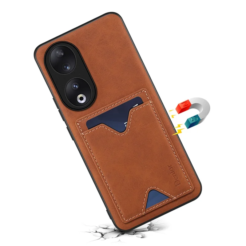 DENIOR PU Leather Coated TPU Cover для Honor 90 Kickstand Card Holder Anti-drop Phone Case - Brown