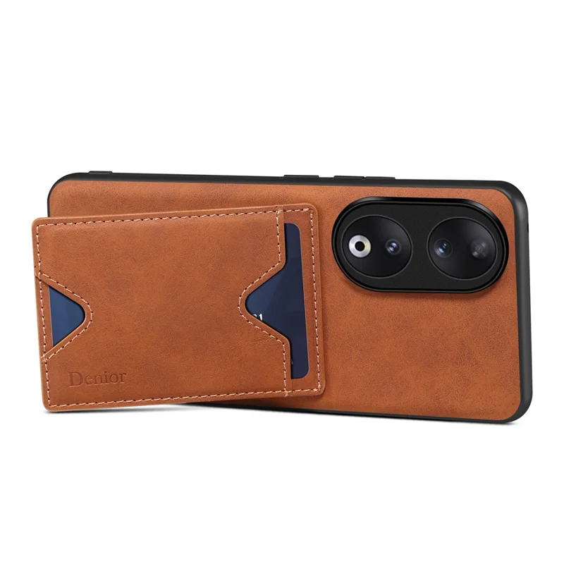 DENIOR PU Leather Coated TPU Cover для Honor 90 Kickstand Card Holder Anti-drop Phone Case - Brown
