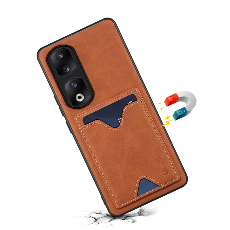 DENIOR PU Leather Coated TPU Cover for Honor 90 Pro Kickstand Card Holder Shockproof Phone Case - Brown