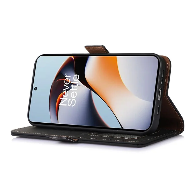 For OnePlus Nord 3 5G / Ace 2V Wallet Phone Case Genuine Cow Leather RFID Blocking Stand Cover - Black