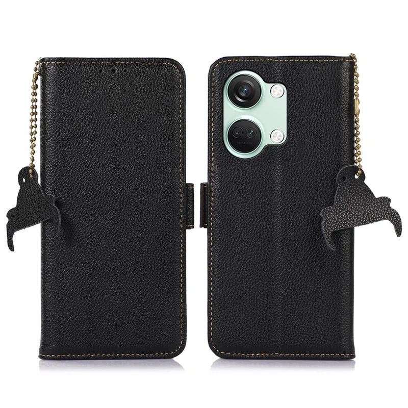 RFID-blokerende telefonbeskytter til OnePlus Nord 3 5G / Ace 2V, ægte kuelsk læder stående walletdæksel - Sort