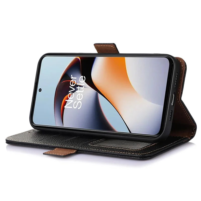 RFID-blokerende telefonbeskytter til OnePlus Nord 3 5G / Ace 2V, ægte kuelsk læder stående walletdæksel - Sort