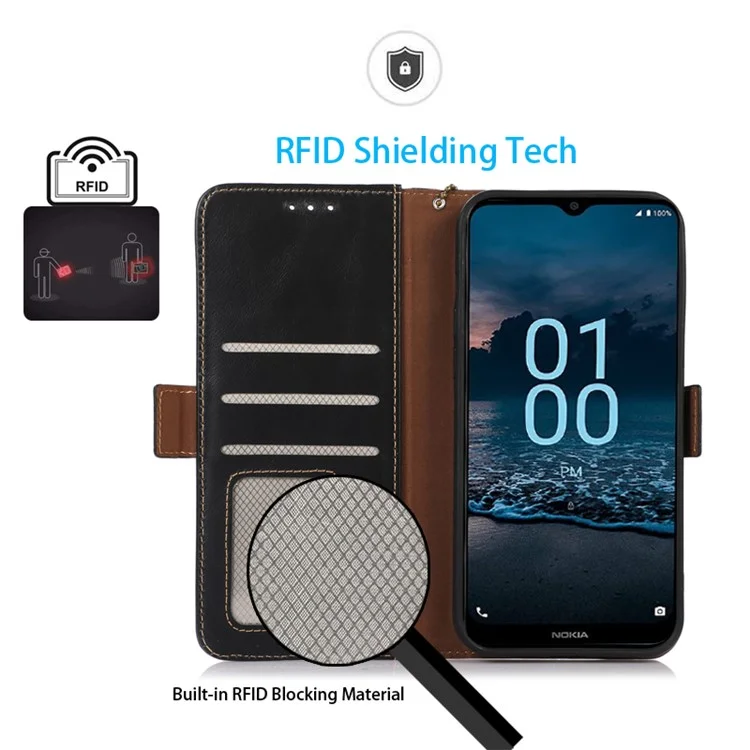 Per Nokia XR21 Crazy Horse Texture Phone Case Genuine Cow Leather RFID Blocking Wallet Stand Cover - Nero