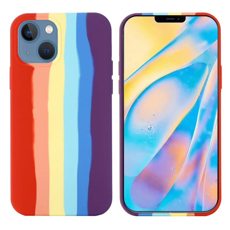 Custodia per telefono per iPhone 15 Rainbow Rubberized Liquid Silicone+PC Fiber Lining Back Cover - Rosso