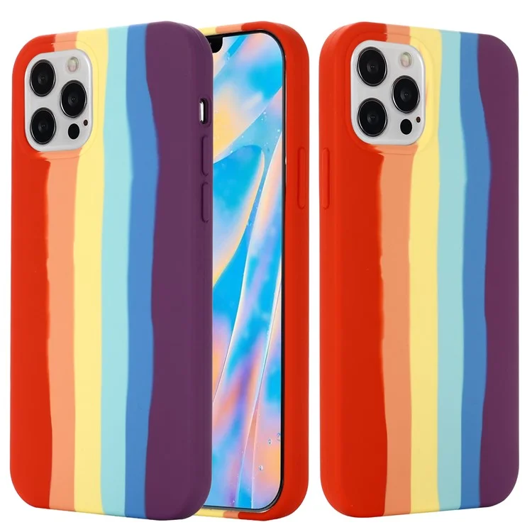 Per iPhone 15 Pro Max Rainbow Rubberized Liquid Silicone+PC Anti-scratch Cover Fiber Lining Phone Case - Red