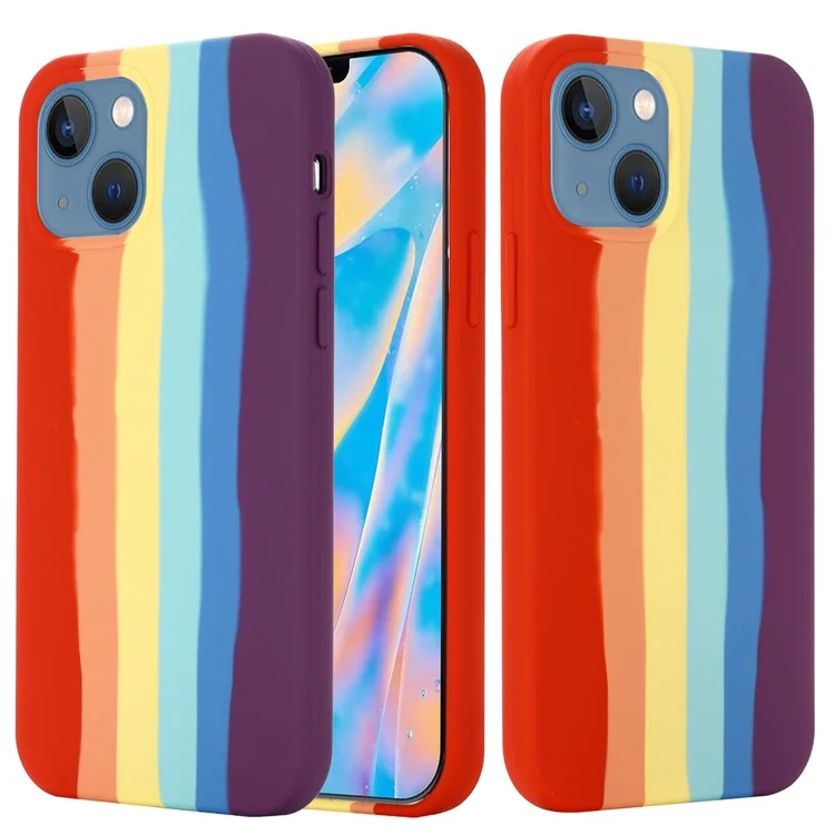 Per iPhone 15 Plus Rainbow Rubberized Liquid Silicone+PC Back Cover Fiber Lining Phone Case - Red