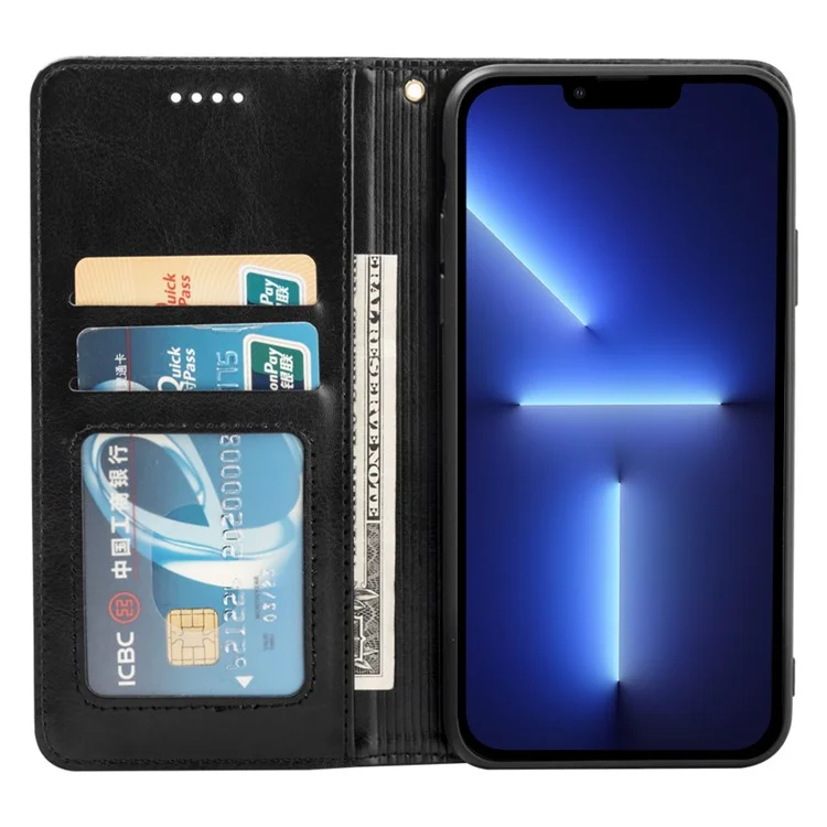 Für iPhone 13 Pro Anti-Scratch Wallet Phone Case Crazy Horse TexturePU Leder+TPU Phone Shell Stand Cover - Schwarz