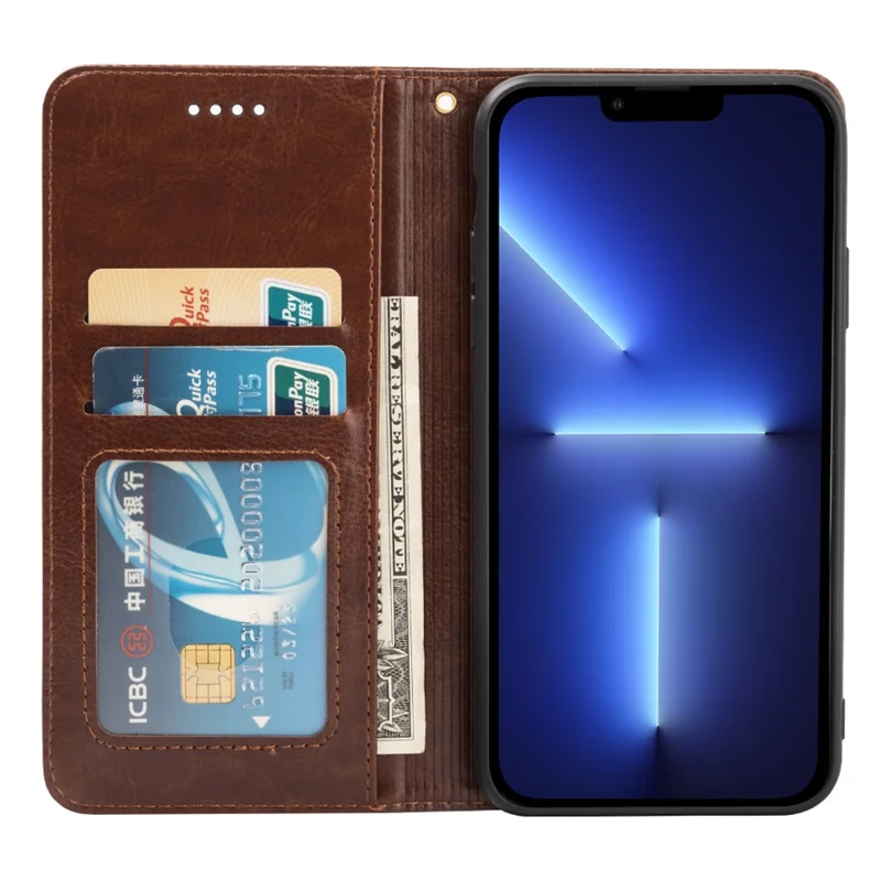 Funda de Teléfono Magnética de Cartera para iPhone 13 Pro Max, Textura de Piel de Caballo Loco a Prueba de Polvo de Cuero PU con Soporte - Marrón