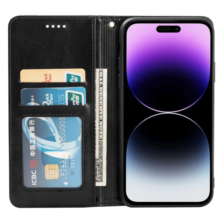 Per iPhone 14 Pro Max Anti-drop PU Leather Stand Cover Wallet Case Crazy Horse Texture Phone Shell - Nero