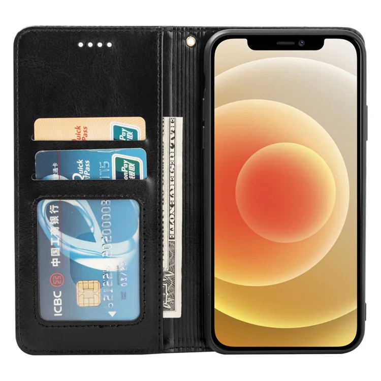 Для iPhone 12 / 12 Pro Crazy Horse Texture Wallet Phone Case Anti-Scratch PU Leather Stand Smartphone Cover - Black