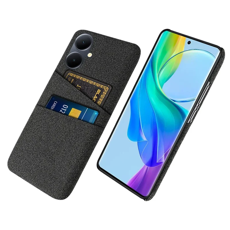 Phone Case for vivo Y78+ 5G Hard PC + Cloth Slim Fit Shockproof Cover with Dual Card Slots - Black