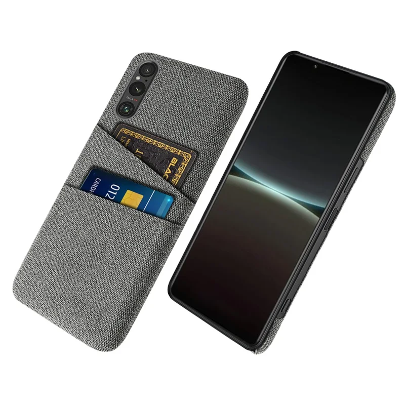 Dual Card Holder Phone Case for Sony Xperia 1 V , Hard PC + Cloth Phone Back Cover - Grey