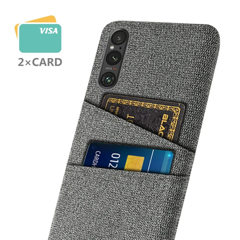 Dual Card Holder Phone Case for Sony Xperia 1 V , Hard PC + Cloth Phone Back Cover - Grey